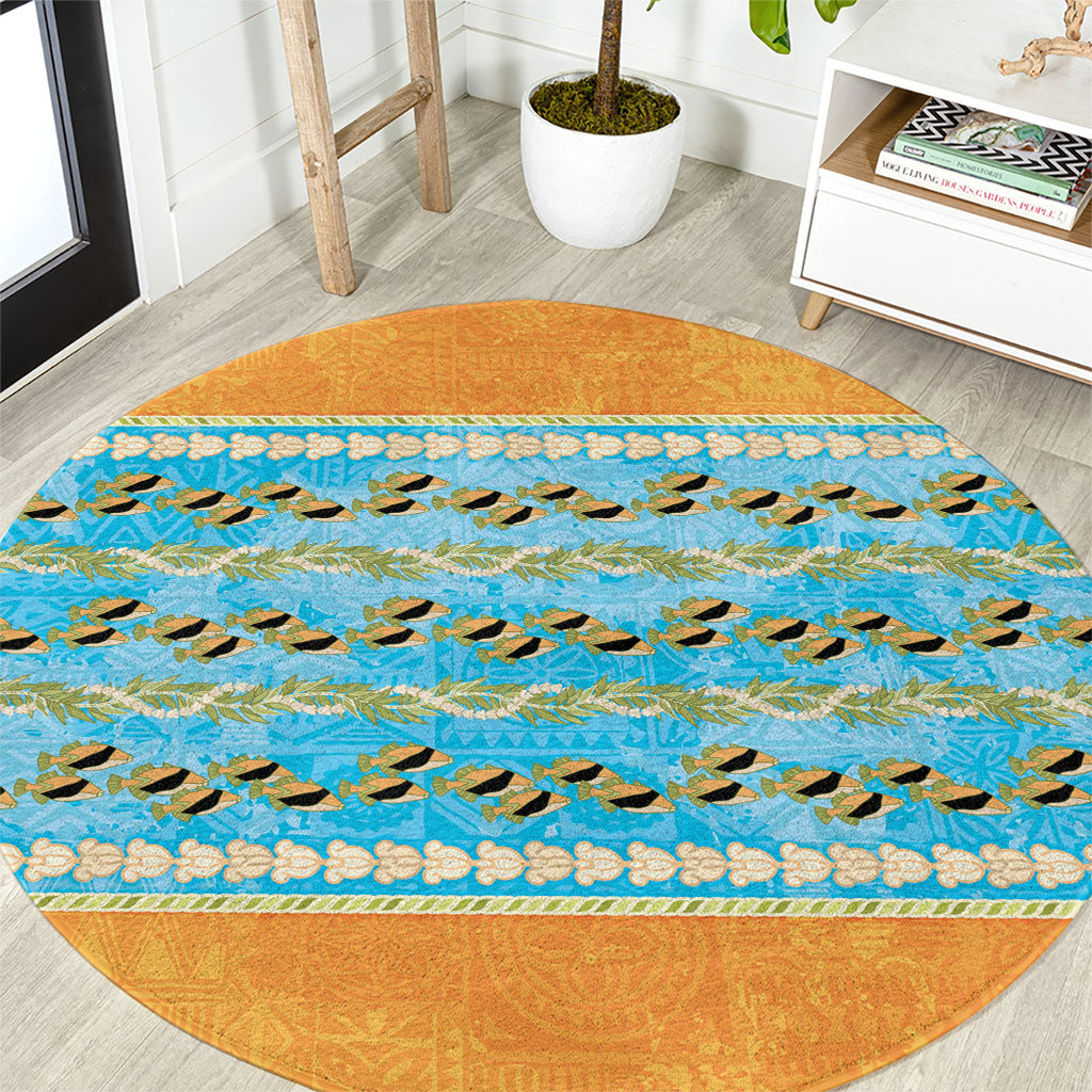 Hawaii Humuhumu Fish Maile Pikake Lei Round Carpet Tribal Tapa Orange Version