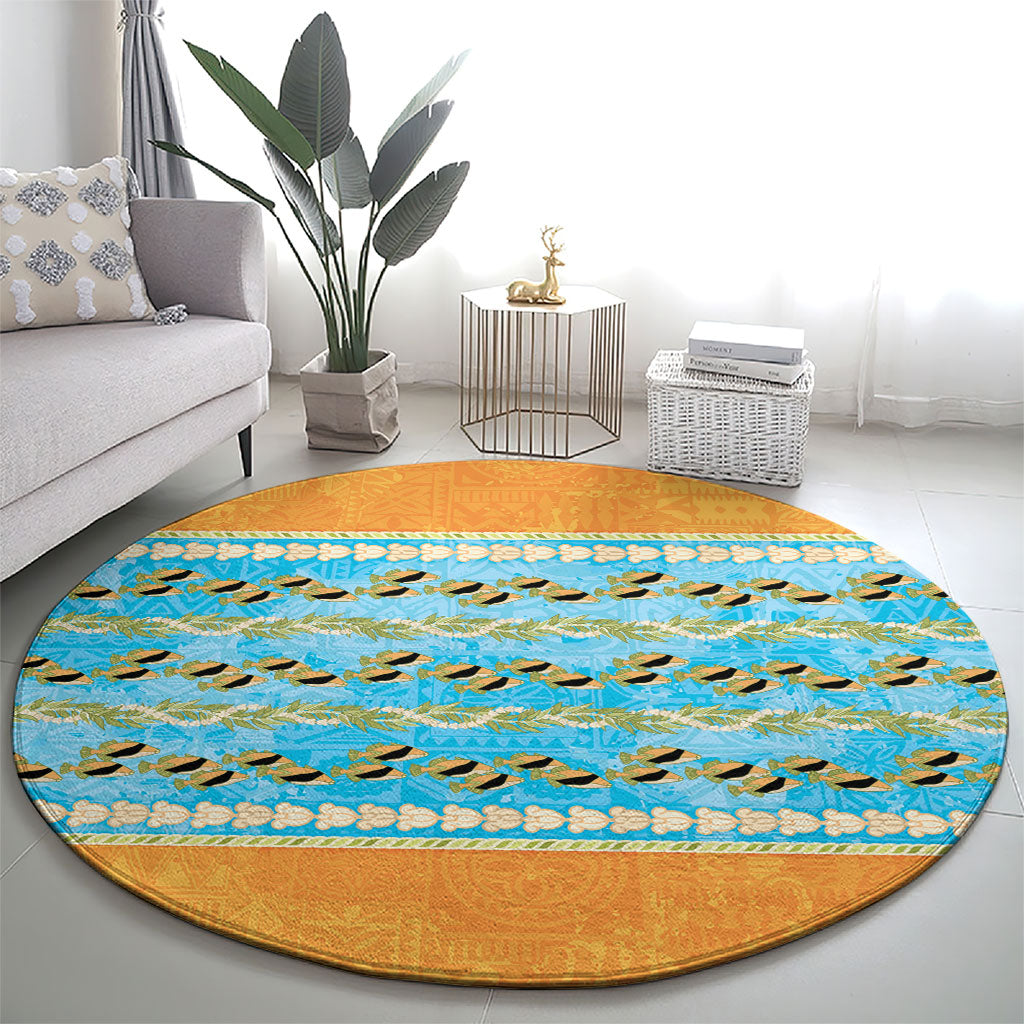 Hawaii Humuhumu Fish Maile Pikake Lei Round Carpet Tribal Tapa Orange Version