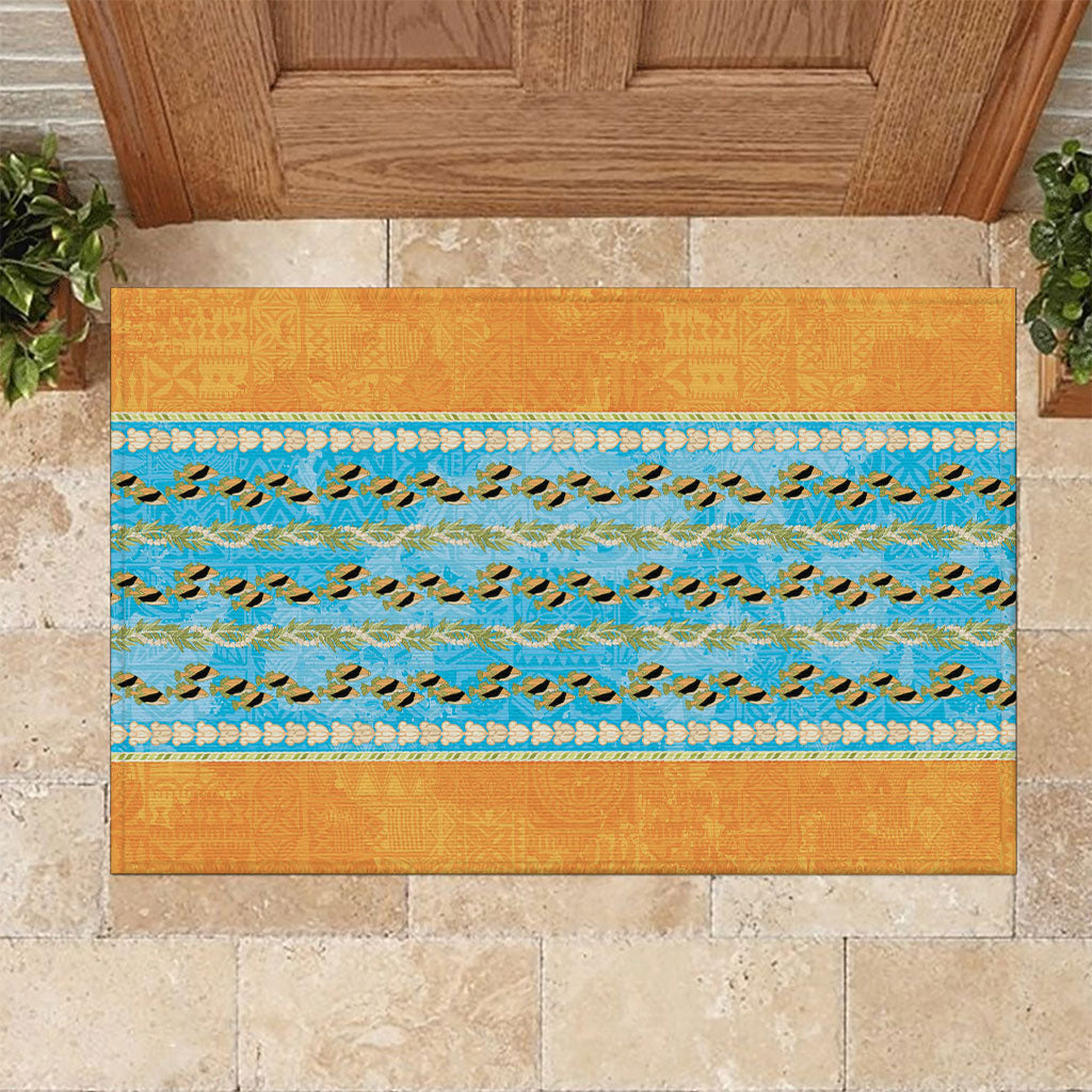 Hawaii Humuhumu Fish Maile Pikake Lei Rubber Doormat Tribal Tapa Orange Version