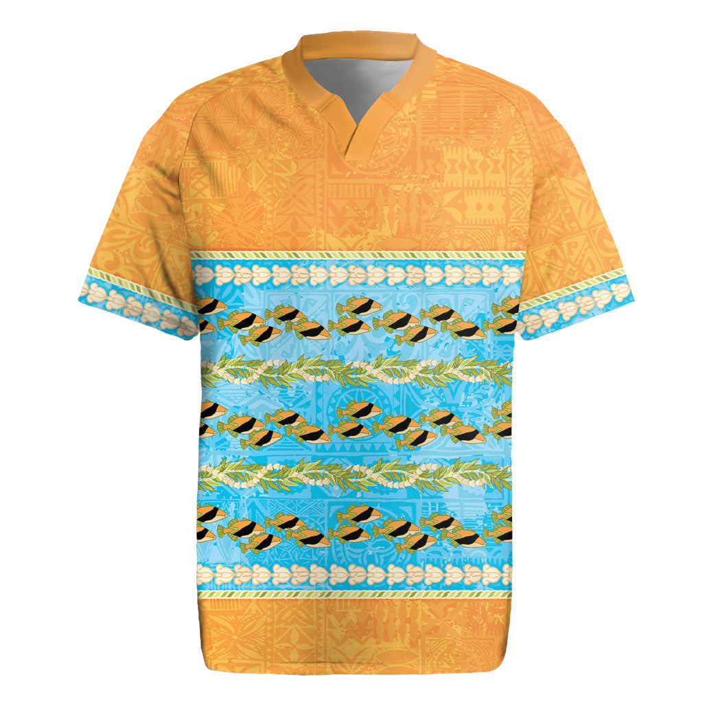 Hawaii Humuhumu Fish Maile Pikake Lei Rugby Jersey Tribal Tapa Orange Version