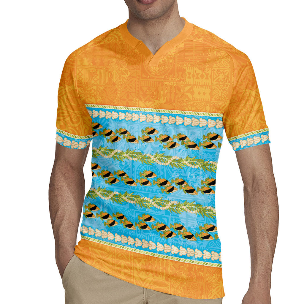 Hawaii Humuhumu Fish Maile Pikake Lei Rugby Jersey Tribal Tapa Orange Version