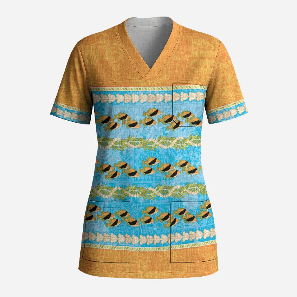 Hawaii Humuhumu Fish Maile Pikake Lei Scrub Top Tribal Tapa Orange Version LT05 Adult Orange - Polynesian Pride