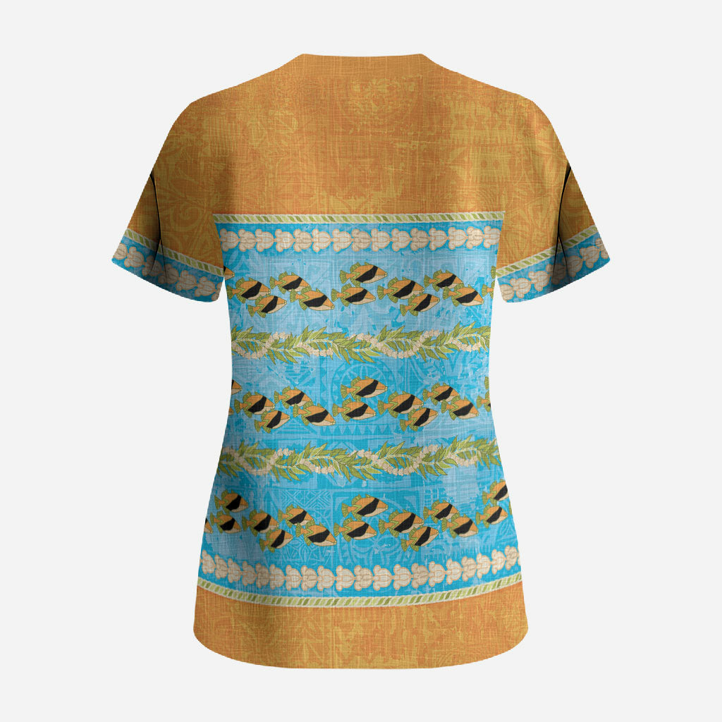Hawaii Humuhumu Fish Maile Pikake Lei Scrub Top Tribal Tapa Orange Version