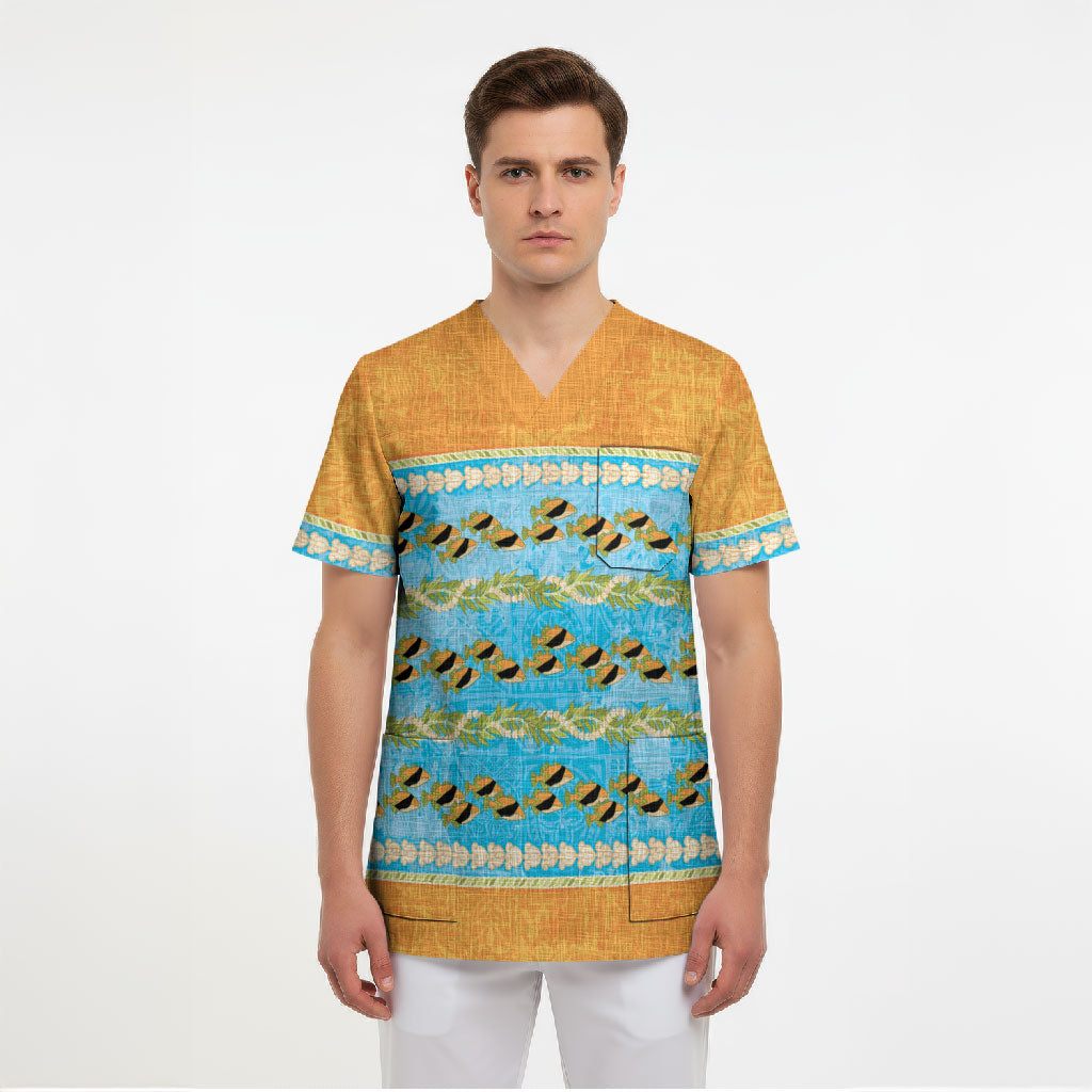 Hawaii Humuhumu Fish Maile Pikake Lei Scrub Top Tribal Tapa Orange Version
