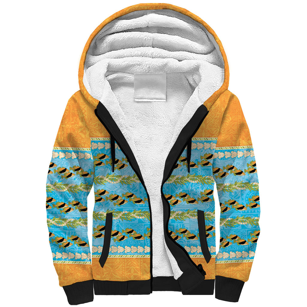 Hawaii Humuhumu Fish Maile Pikake Lei Sherpa Hoodie Tribal Tapa Orange Version