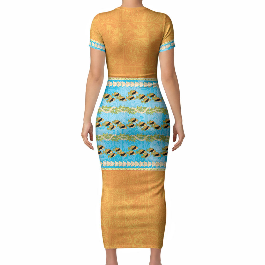 Hawaii Humuhumu Fish Maile Pikake Lei Short Sleeve Bodycon Dress Tribal Tapa Orange Version