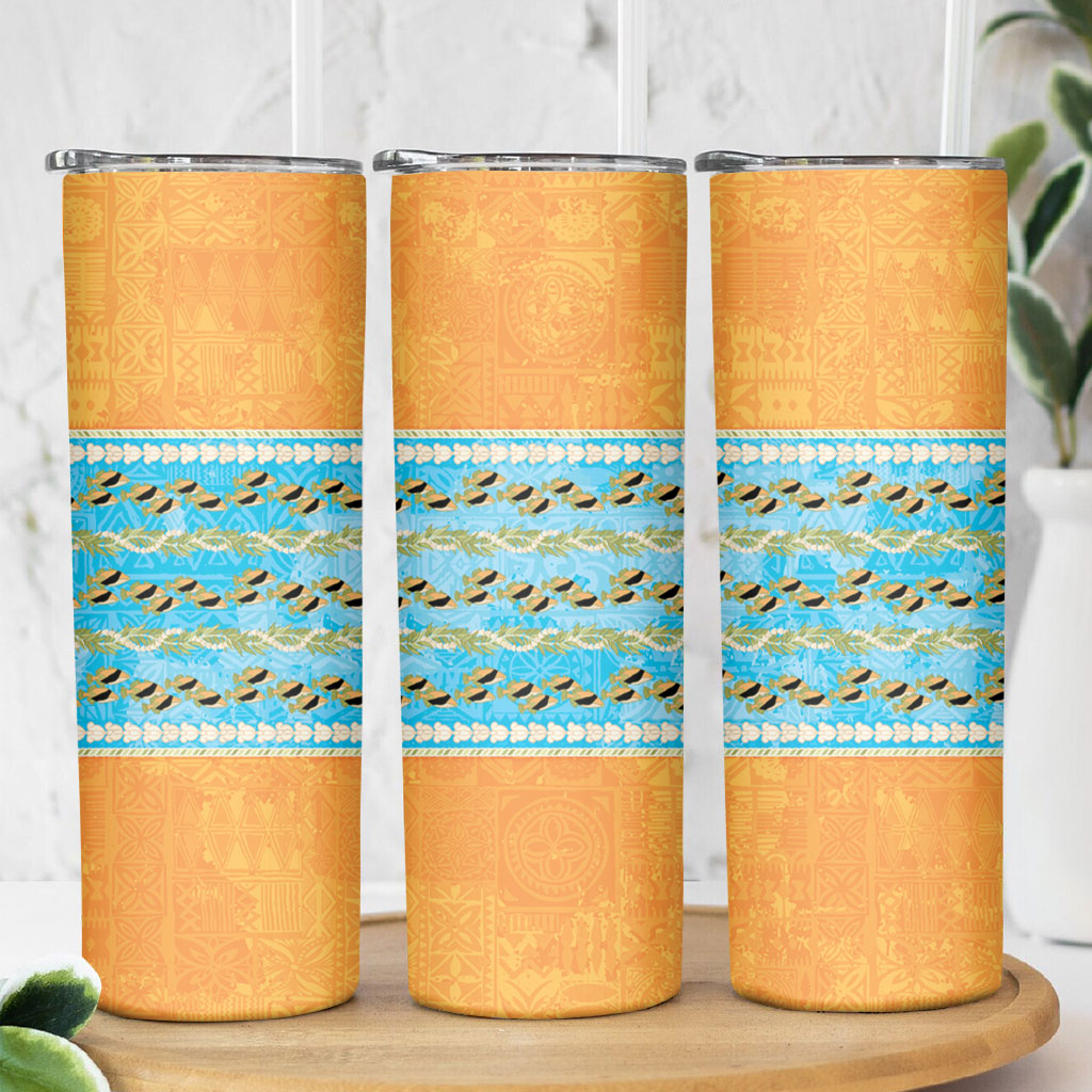 Hawaii Humuhumu Fish Maile Pikake Lei Skinny Tumbler Tribal Tapa Orange Version