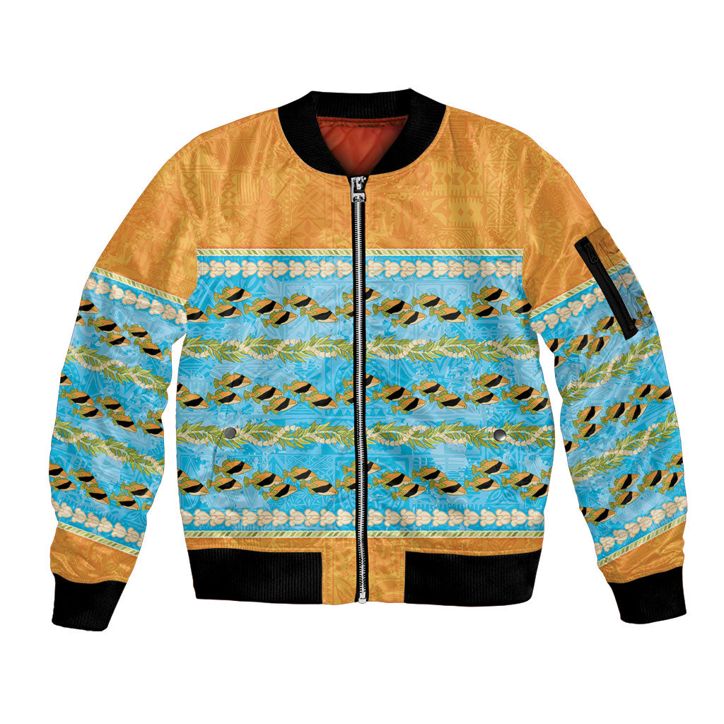 Hawaii Humuhumu Fish Maile Pikake Lei Sleeve Zip Bomber Jacket Tribal Tapa Orange Version