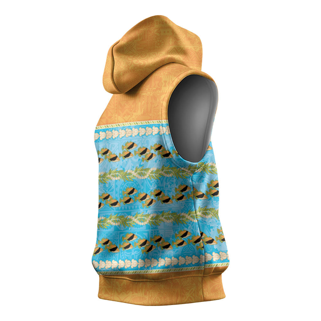 Hawaii Humuhumu Fish Maile Pikake Lei Sleeveless Hoodie Tribal Tapa Orange Version