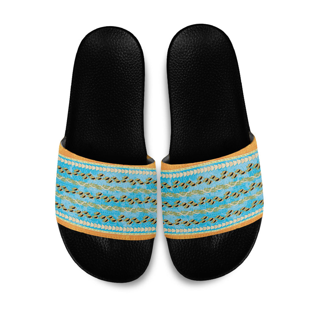 Hawaii Humuhumu Fish Maile Pikake Lei Slide Sandals Tribal Tapa Orange Version
