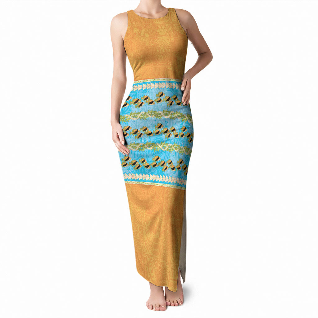 Hawaii Humuhumu Fish Maile Pikake Lei Tank Maxi Dress Tribal Tapa Orange Version