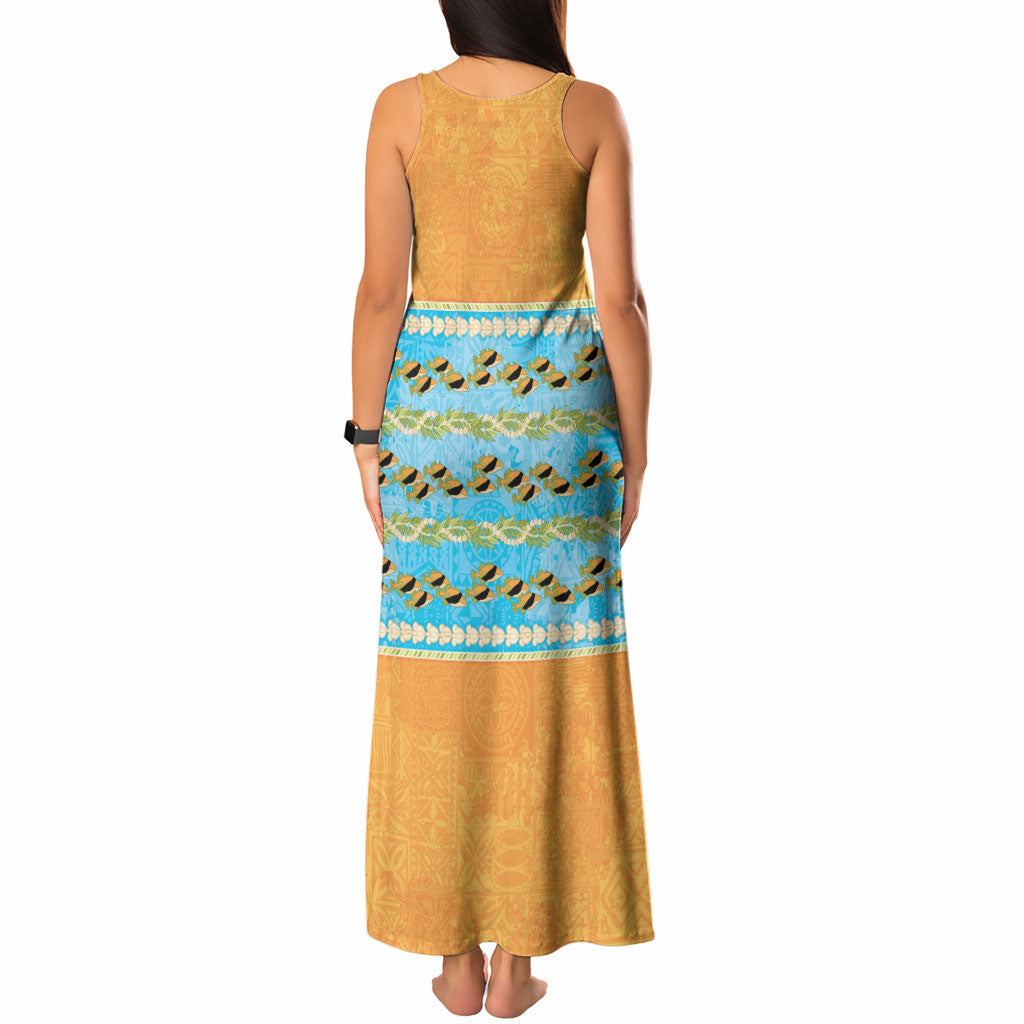 Hawaii Humuhumu Fish Maile Pikake Lei Tank Maxi Dress Tribal Tapa Orange Version