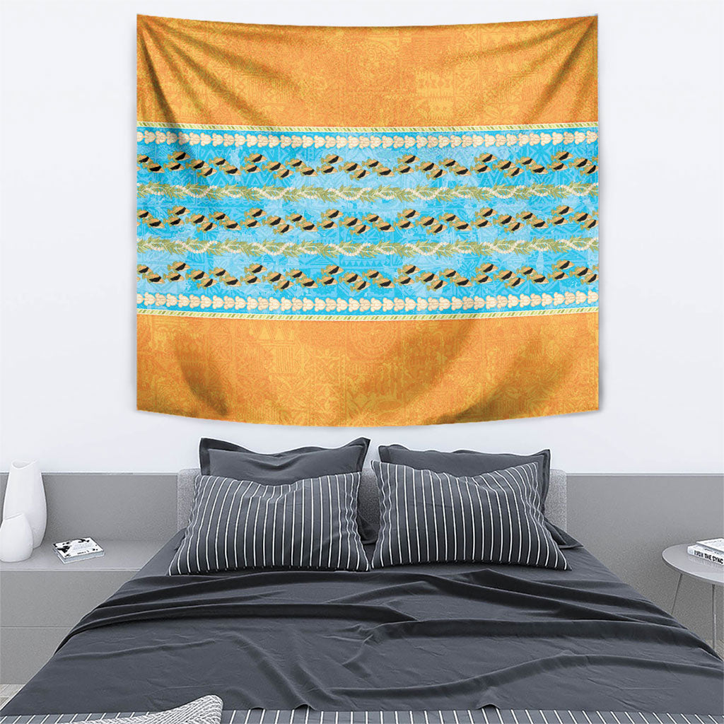 Hawaii Humuhumu Fish Maile Pikake Lei Tapestry Tribal Tapa Orange Version