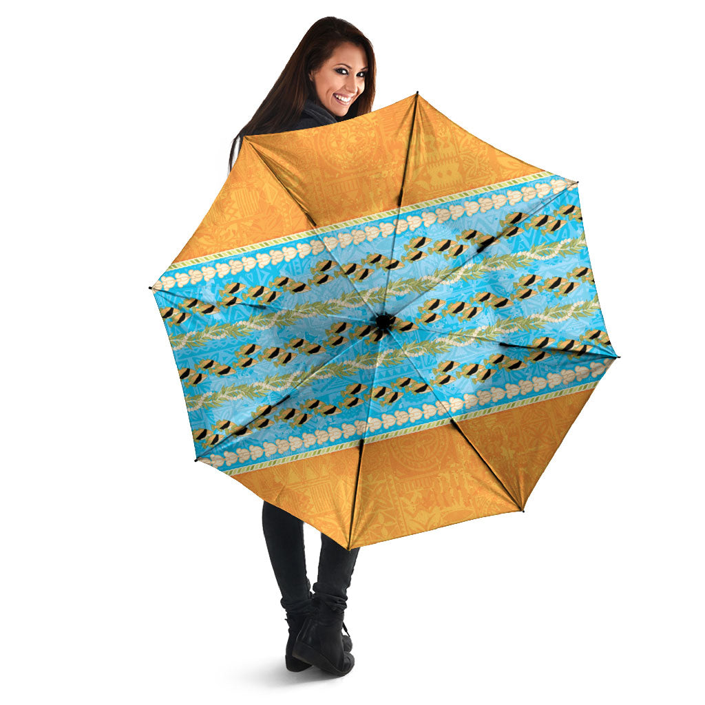 Hawaii Humuhumu Fish Maile Pikake Lei Umbrella Tribal Tapa Orange Version