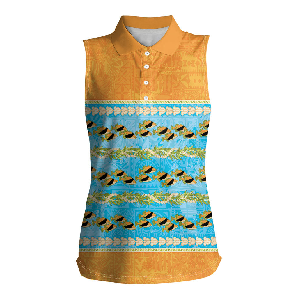 Hawaii Humuhumu Fish Maile Pikake Lei Women Sleeveless Polo Shirt Tribal Tapa Orange Version