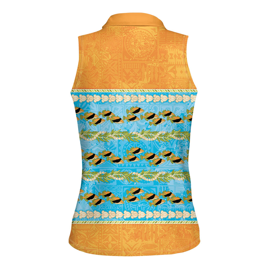 Hawaii Humuhumu Fish Maile Pikake Lei Women Sleeveless Polo Shirt Tribal Tapa Orange Version