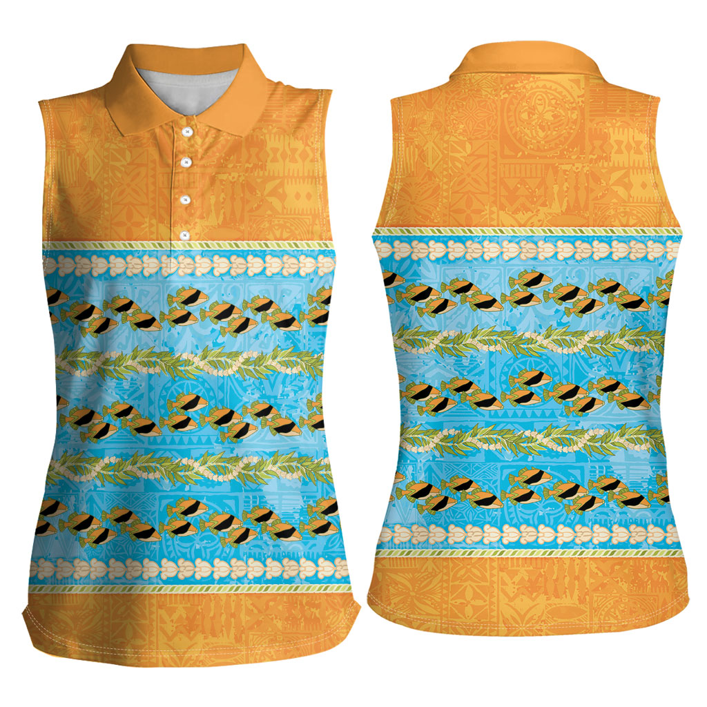 Hawaii Humuhumu Fish Maile Pikake Lei Women Sleeveless Polo Shirt Tribal Tapa Orange Version