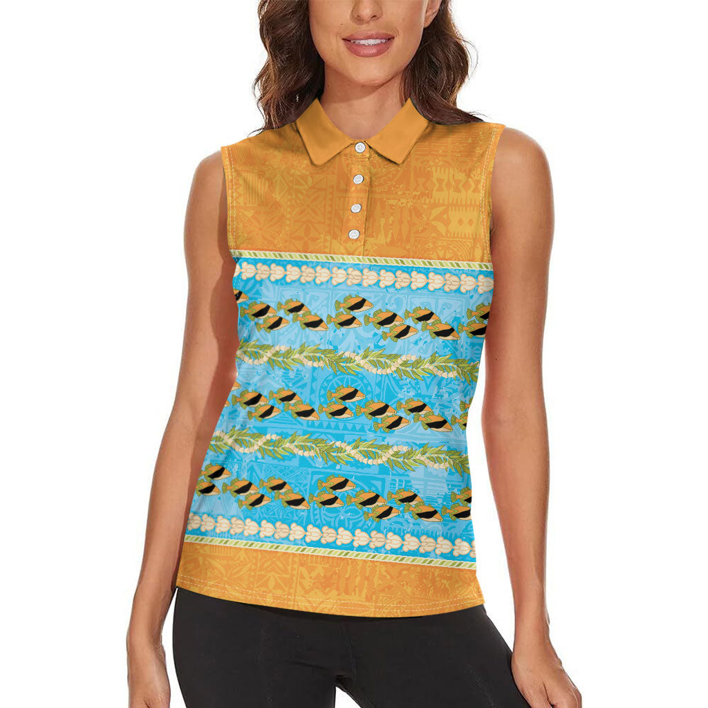 Hawaii Humuhumu Fish Maile Pikake Lei Women Sleeveless Polo Shirt Tribal Tapa Orange Version