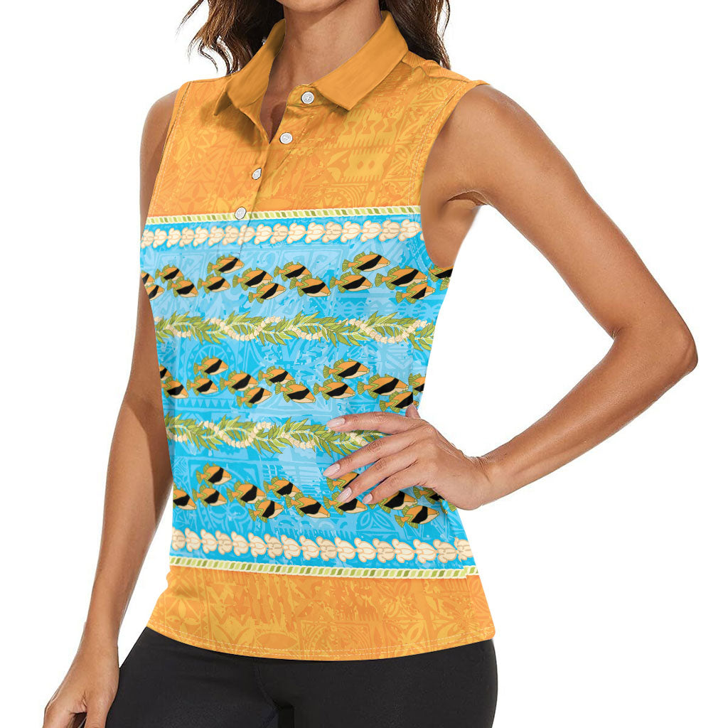 Hawaii Humuhumu Fish Maile Pikake Lei Women Sleeveless Polo Shirt Tribal Tapa Orange Version