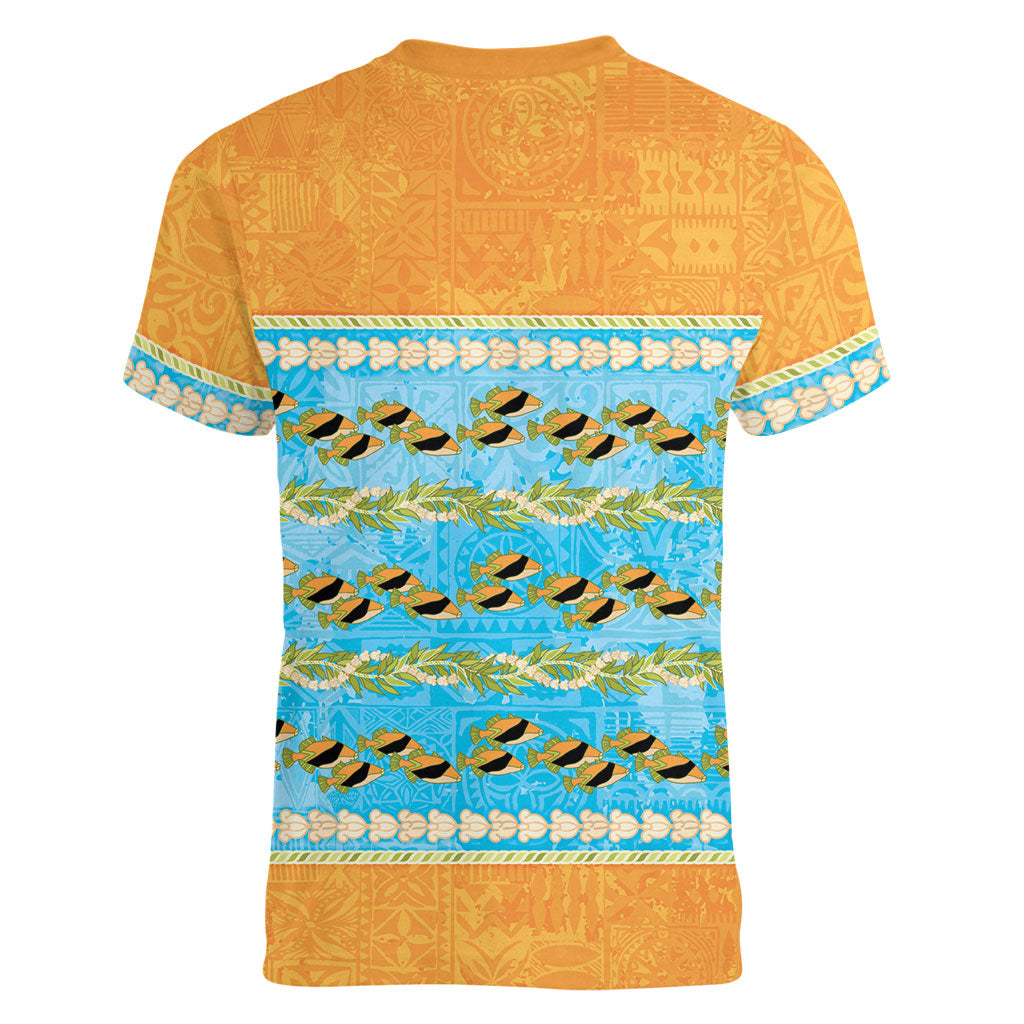 Hawaii Humuhumu Fish Maile Pikake Lei Women V-Neck T-Shirt Tribal Tapa Orange Version