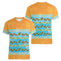 Hawaii Humuhumu Fish Maile Pikake Lei Women V-Neck T-Shirt Tribal Tapa Orange Version