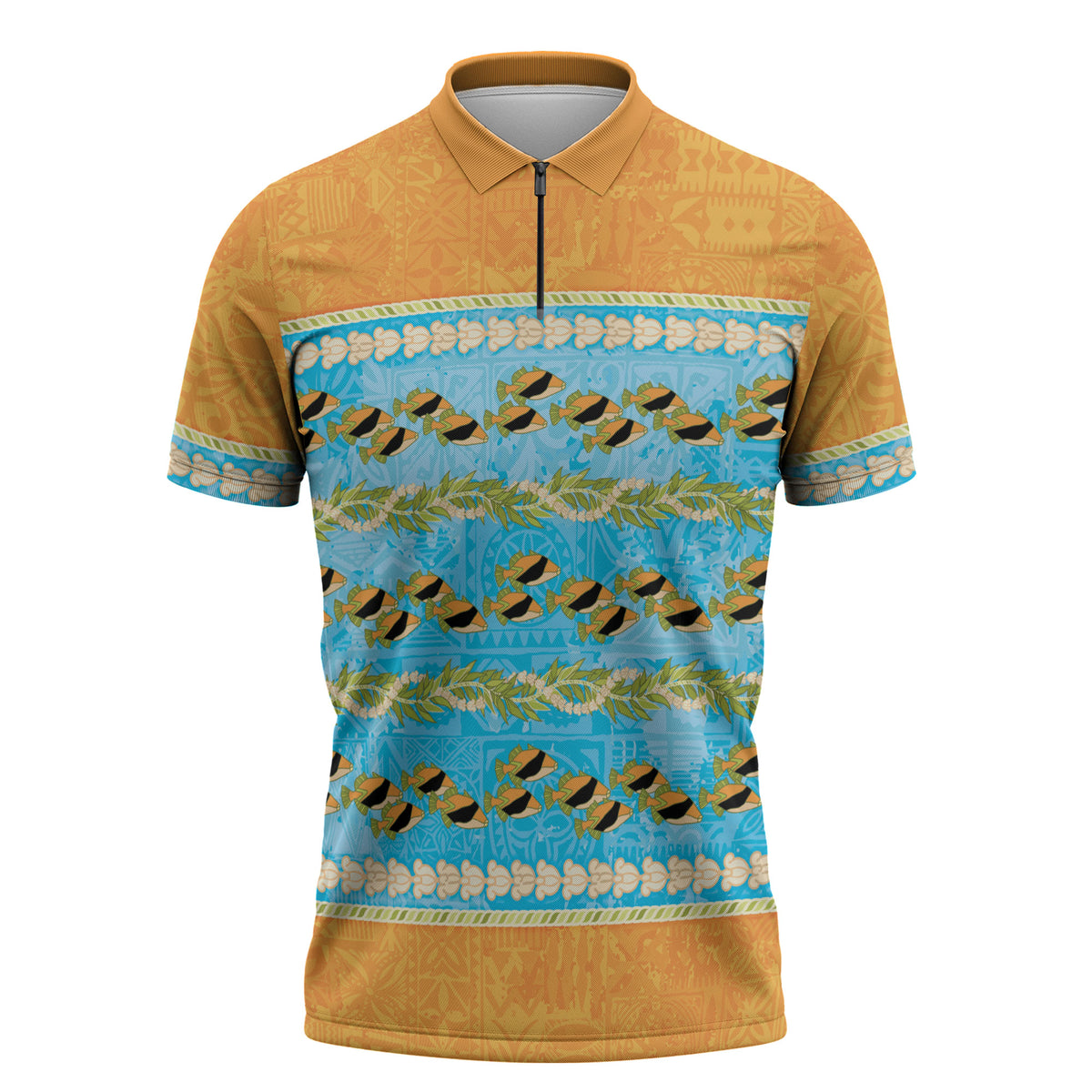 Hawaii Humuhumu Fish Maile Pikake Lei Zipper Polo Shirt Tribal Tapa Orange Version