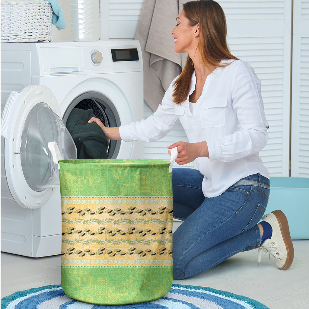 Hawaii Humuhumu Fish Maile Pikake Lei Laundry Basket Tribal Tapa Green Version