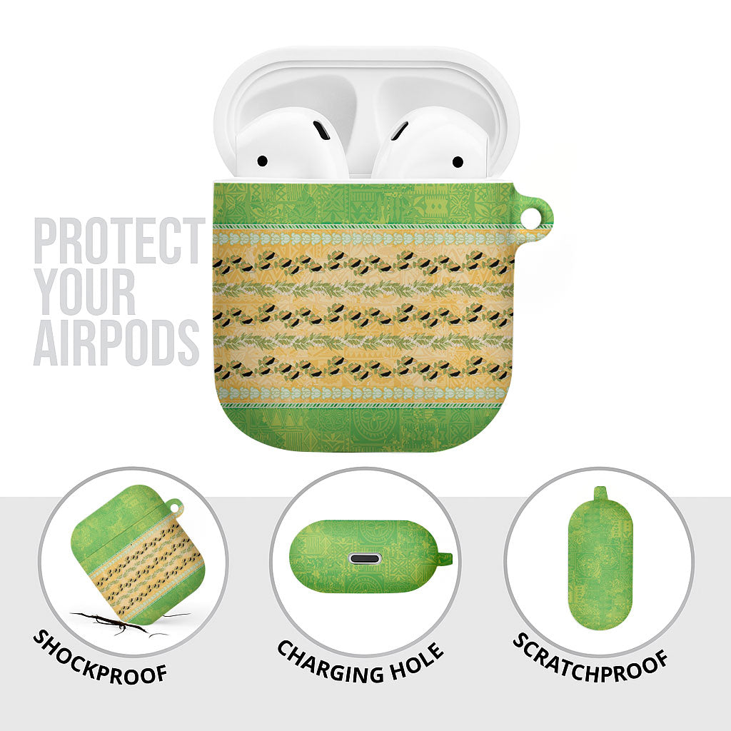 Hawaii Humuhumu Fish Maile Pikake Lei AirPods Case Tribal Tapa Green Version