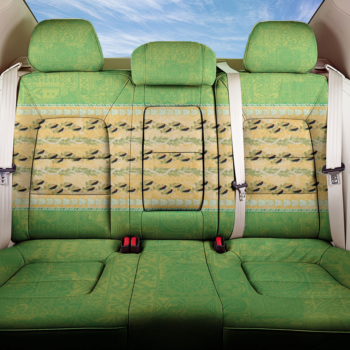 Hawaii Humuhumu Fish Maile Pikake Lei Back Car Seat Cover Tribal Tapa Green Version