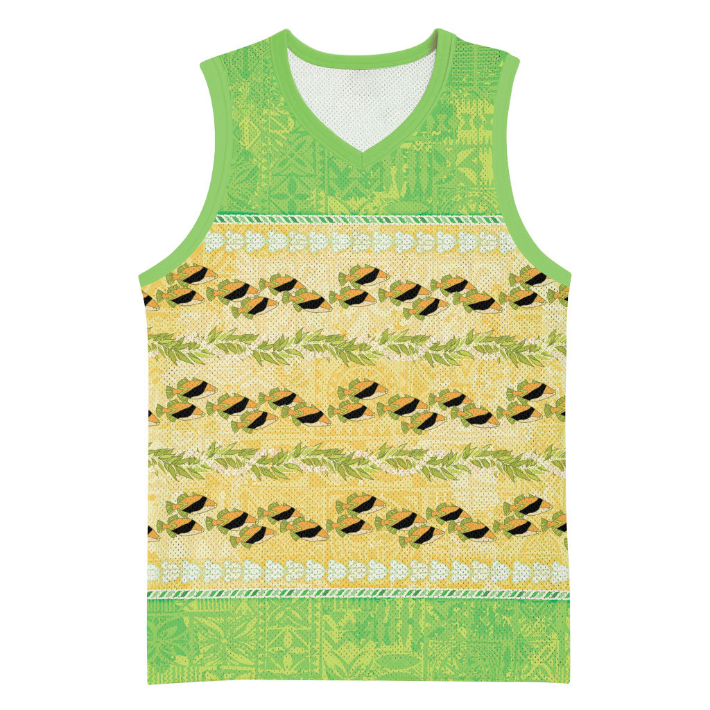 Hawaii Humuhumu Fish Maile Pikake Lei Basketball Jersey Tribal Tapa Green Version