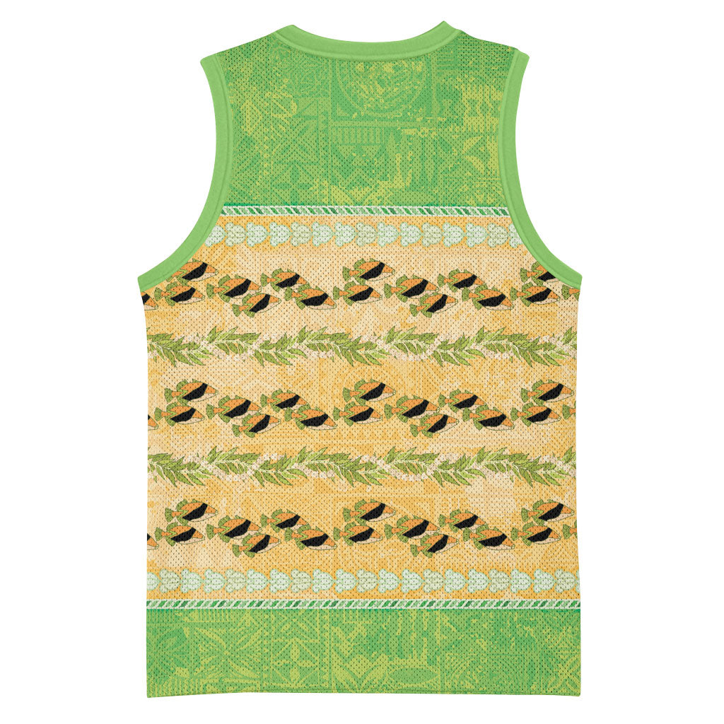 Hawaii Humuhumu Fish Maile Pikake Lei Basketball Jersey Tribal Tapa Green Version
