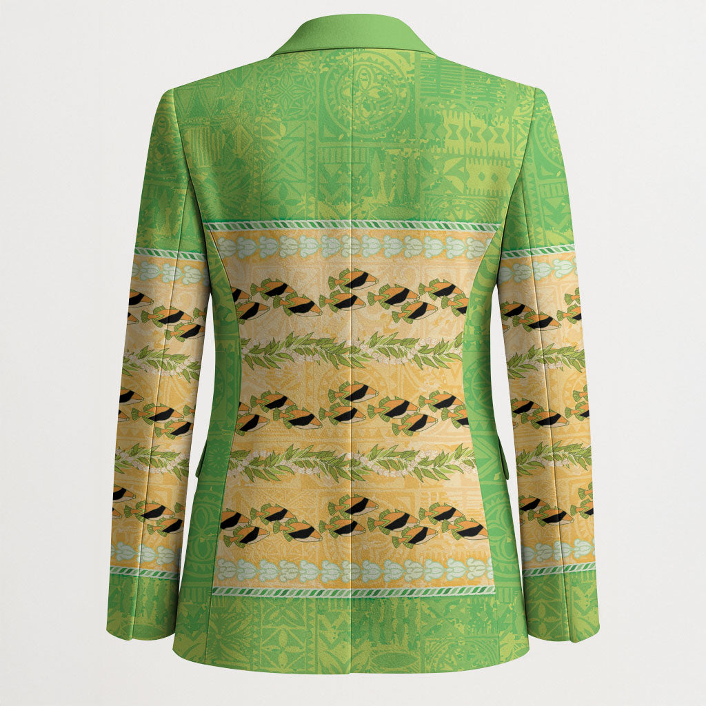 Hawaii Humuhumu Fish Maile Pikake Lei Blazer Tribal Tapa Green Version