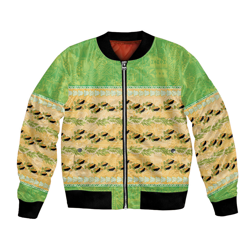 Hawaii Humuhumu Fish Maile Pikake Lei Bomber Jacket Tribal Tapa Green Version LT05 Unisex Green - Polynesian Pride