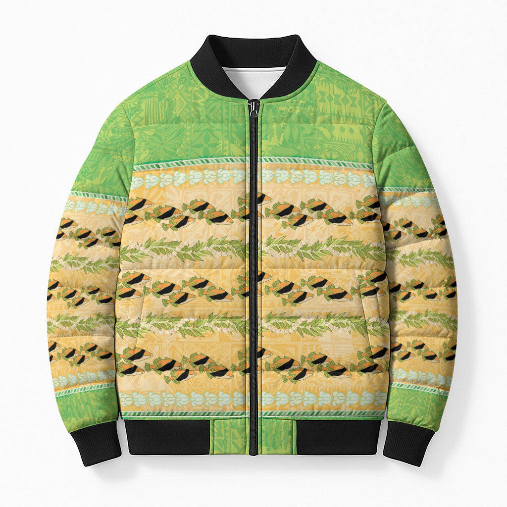 Hawaii Humuhumu Fish Maile Pikake Lei Bomber Puffer Jacket Tribal Tapa Green Version