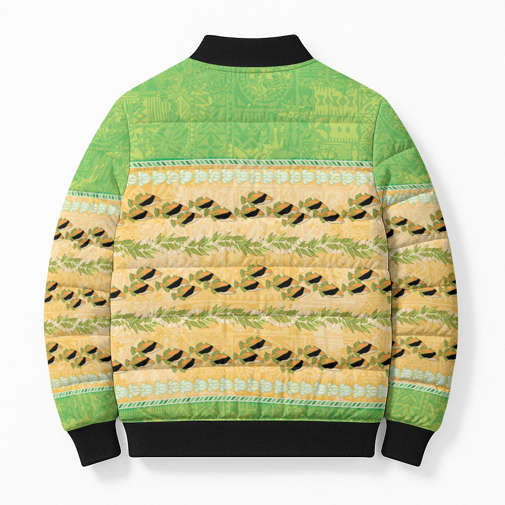 Hawaii Humuhumu Fish Maile Pikake Lei Bomber Puffer Jacket Tribal Tapa Green Version