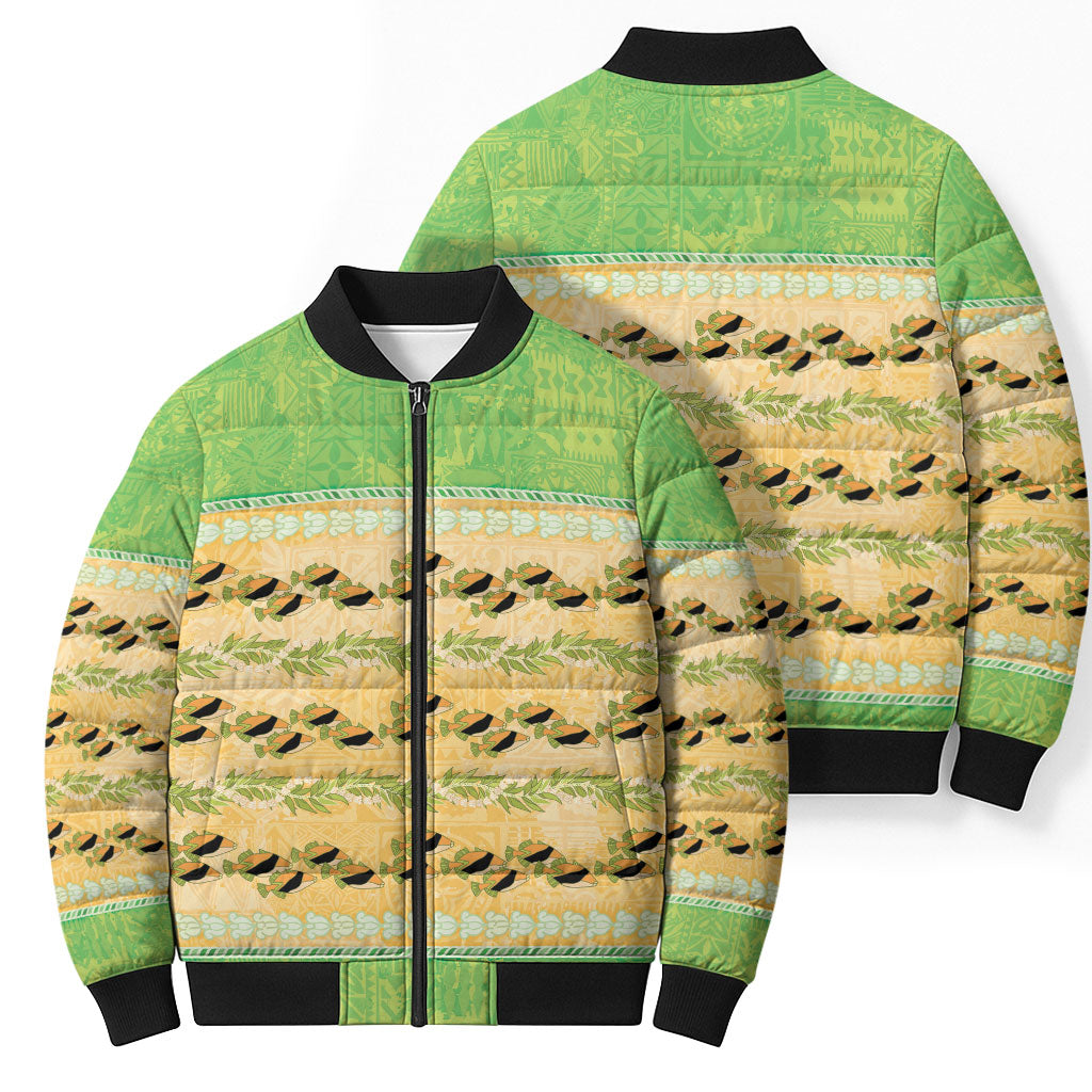 Hawaii Humuhumu Fish Maile Pikake Lei Bomber Puffer Jacket Tribal Tapa Green Version
