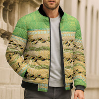 Hawaii Humuhumu Fish Maile Pikake Lei Bomber Puffer Jacket Tribal Tapa Green Version