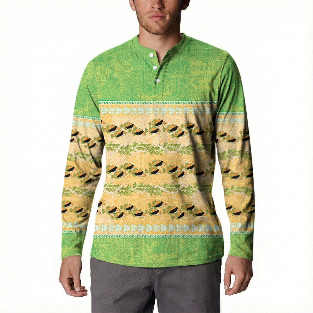 Hawaii Humuhumu Fish Maile Pikake Lei Button Sweatshirt Tribal Tapa Green Version
