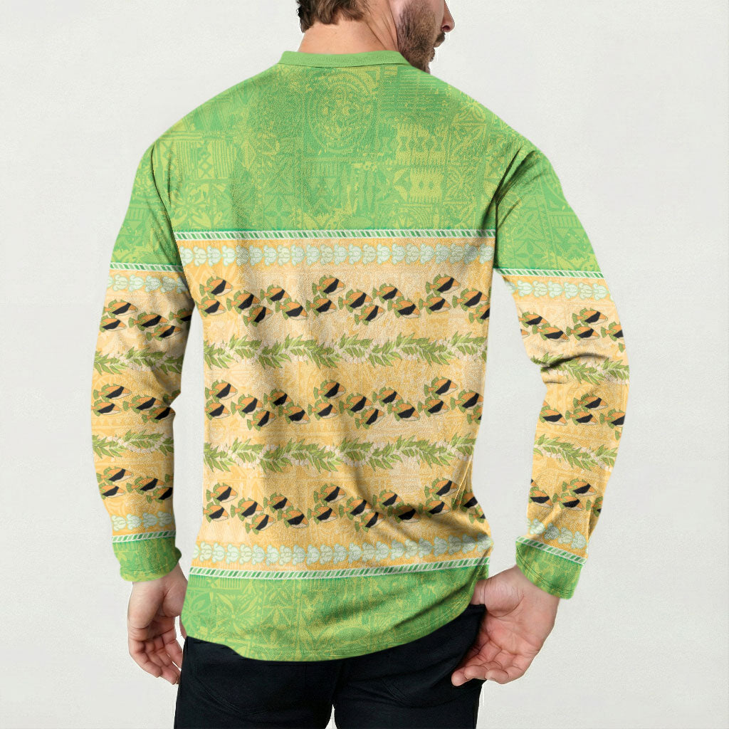 Hawaii Humuhumu Fish Maile Pikake Lei Button Sweatshirt Tribal Tapa Green Version