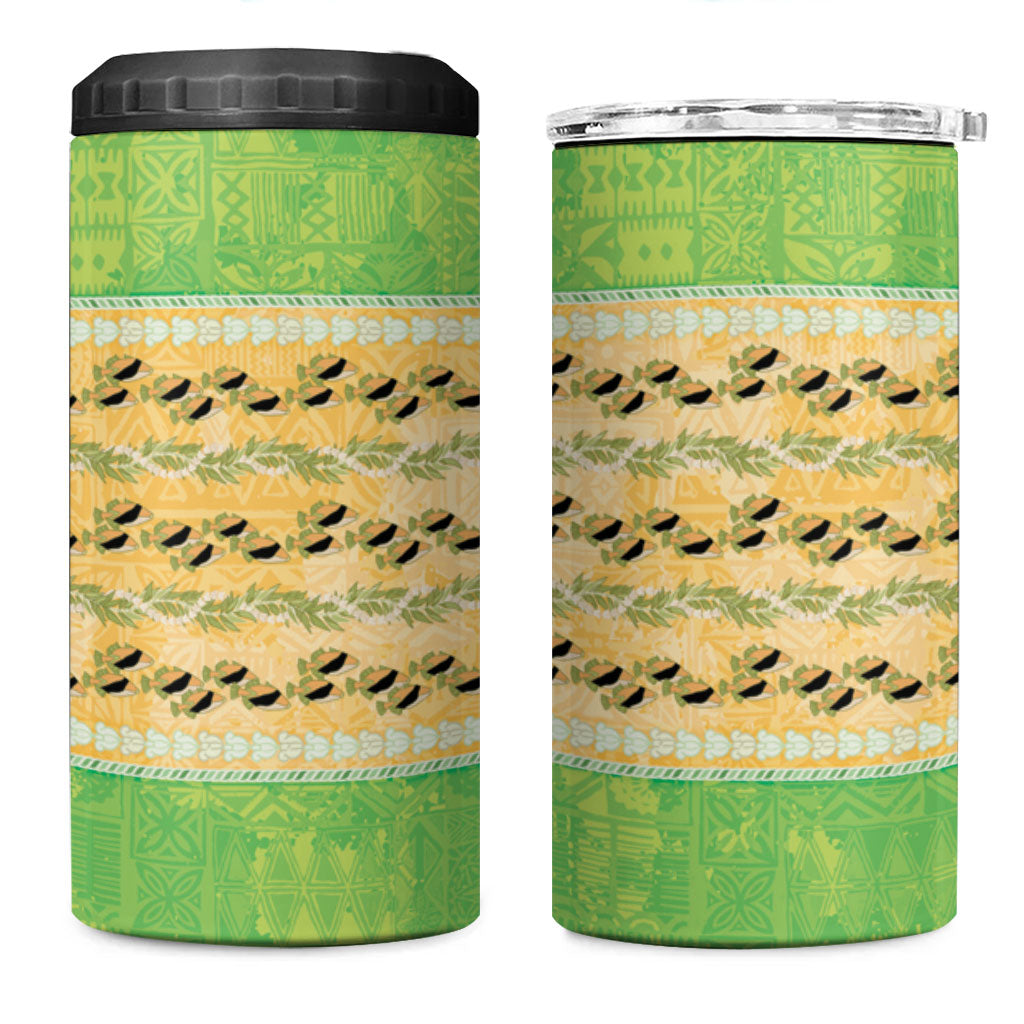 Hawaii Humuhumu Fish Maile Pikake Lei 4 in 1 Can Cooler Tumbler Tribal Tapa Green Version