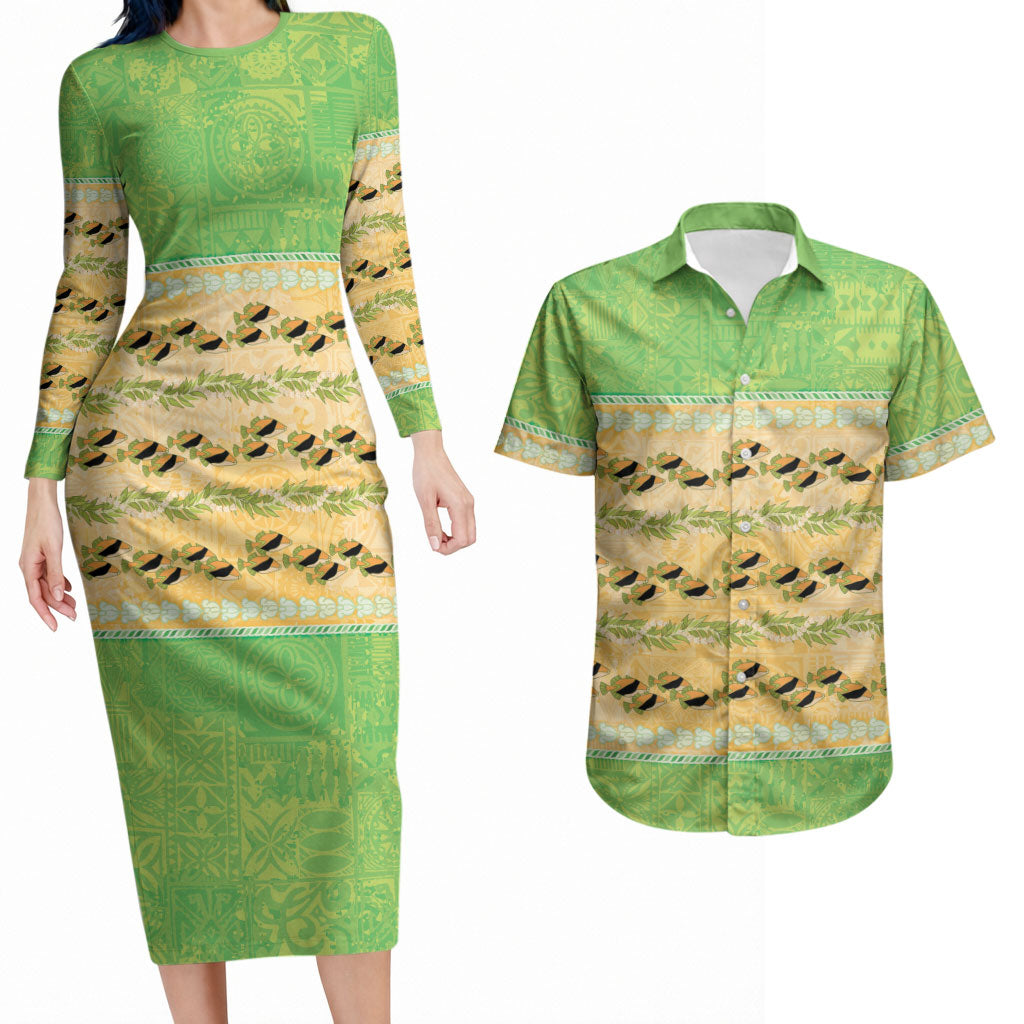 Hawaii Humuhumu Fish Maile Pikake Lei Couples Matching Long Sleeve Bodycon Dress and Hawaiian Shirt Tribal Tapa Green Version