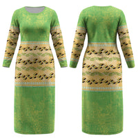Hawaii Humuhumu Fish Maile Pikake Lei Couples Matching Long Sleeve Bodycon Dress and Hawaiian Shirt Tribal Tapa Green Version