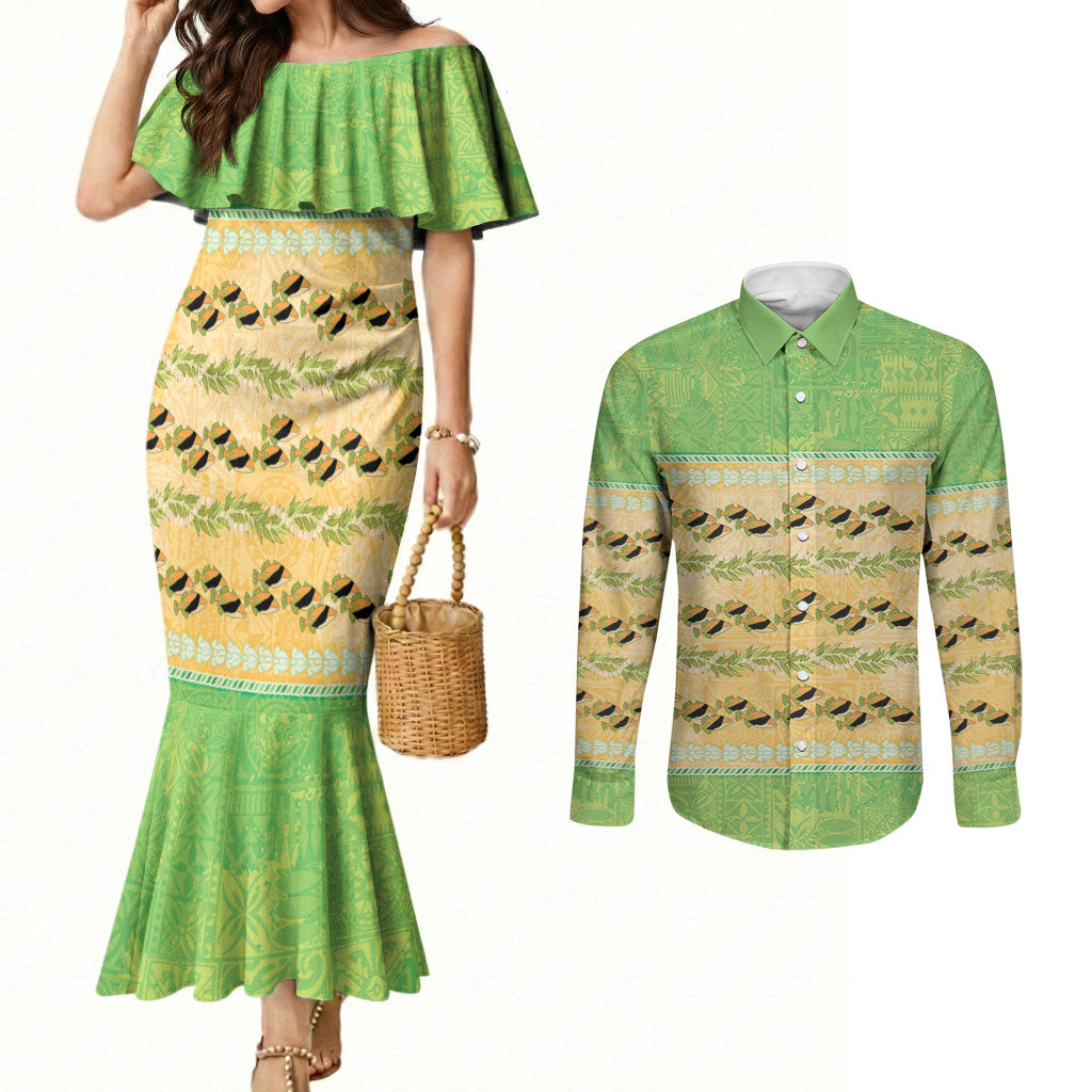 Hawaii Humuhumu Fish Maile Pikake Lei Couples Matching Mermaid Dress and Long Sleeve Button Shirt Tribal Tapa Green Version