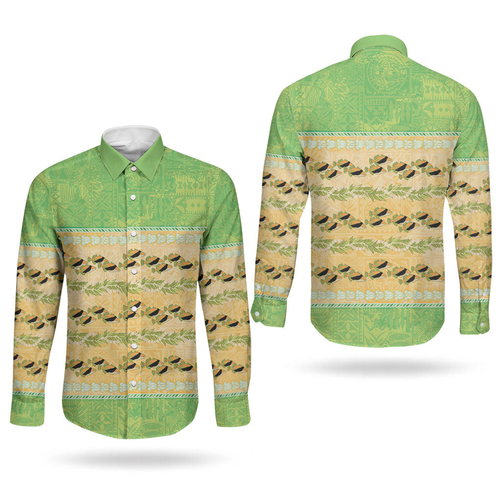 Hawaii Humuhumu Fish Maile Pikake Lei Couples Matching Mermaid Dress and Long Sleeve Button Shirt Tribal Tapa Green Version