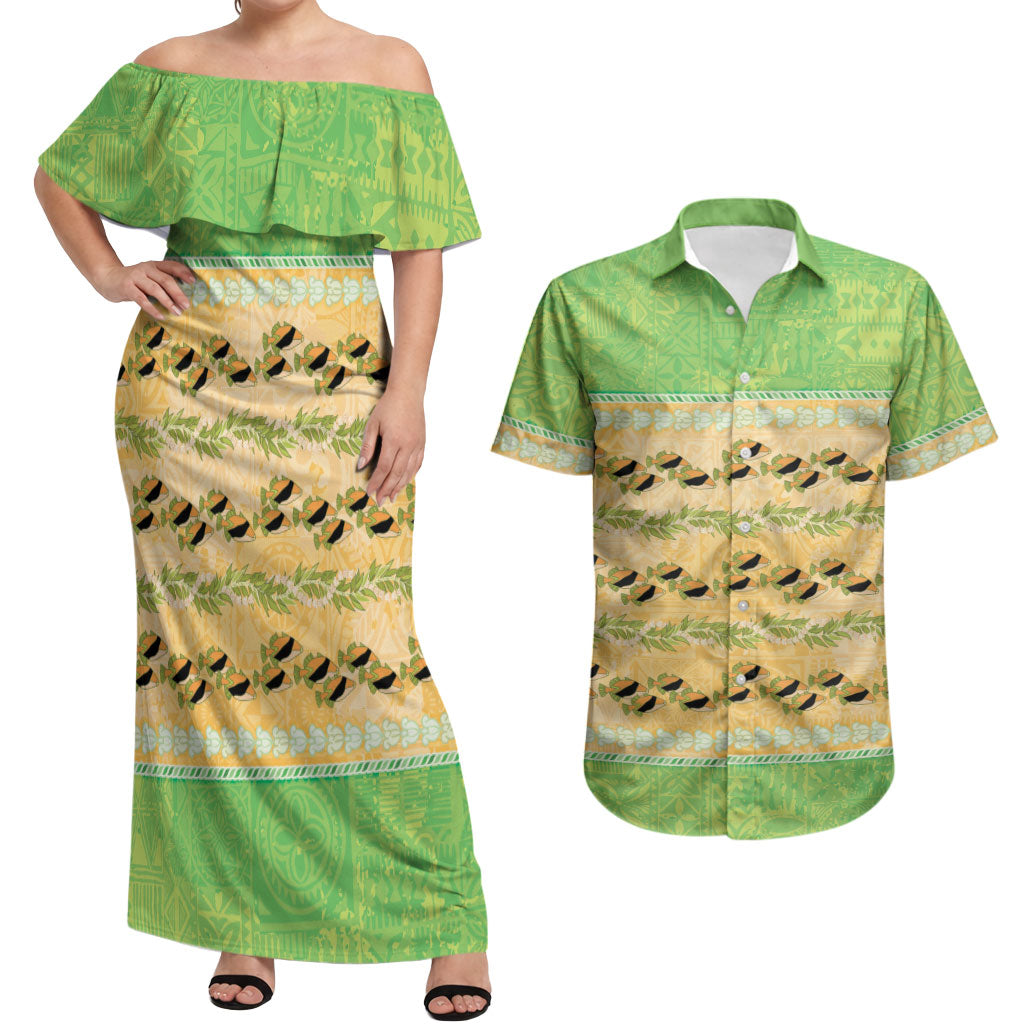 Hawaii Humuhumu Fish Maile Pikake Lei Couples Matching Off Shoulder Maxi Dress and Hawaiian Shirt Tribal Tapa Green Version
