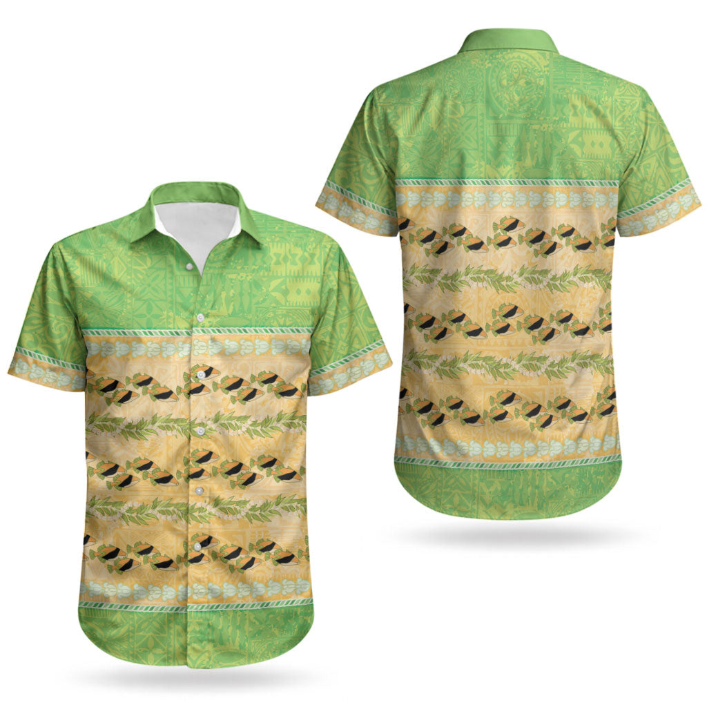 Hawaii Humuhumu Fish Maile Pikake Lei Couples Matching Off Shoulder Short Dress and Hawaiian Shirt Tribal Tapa Green Version