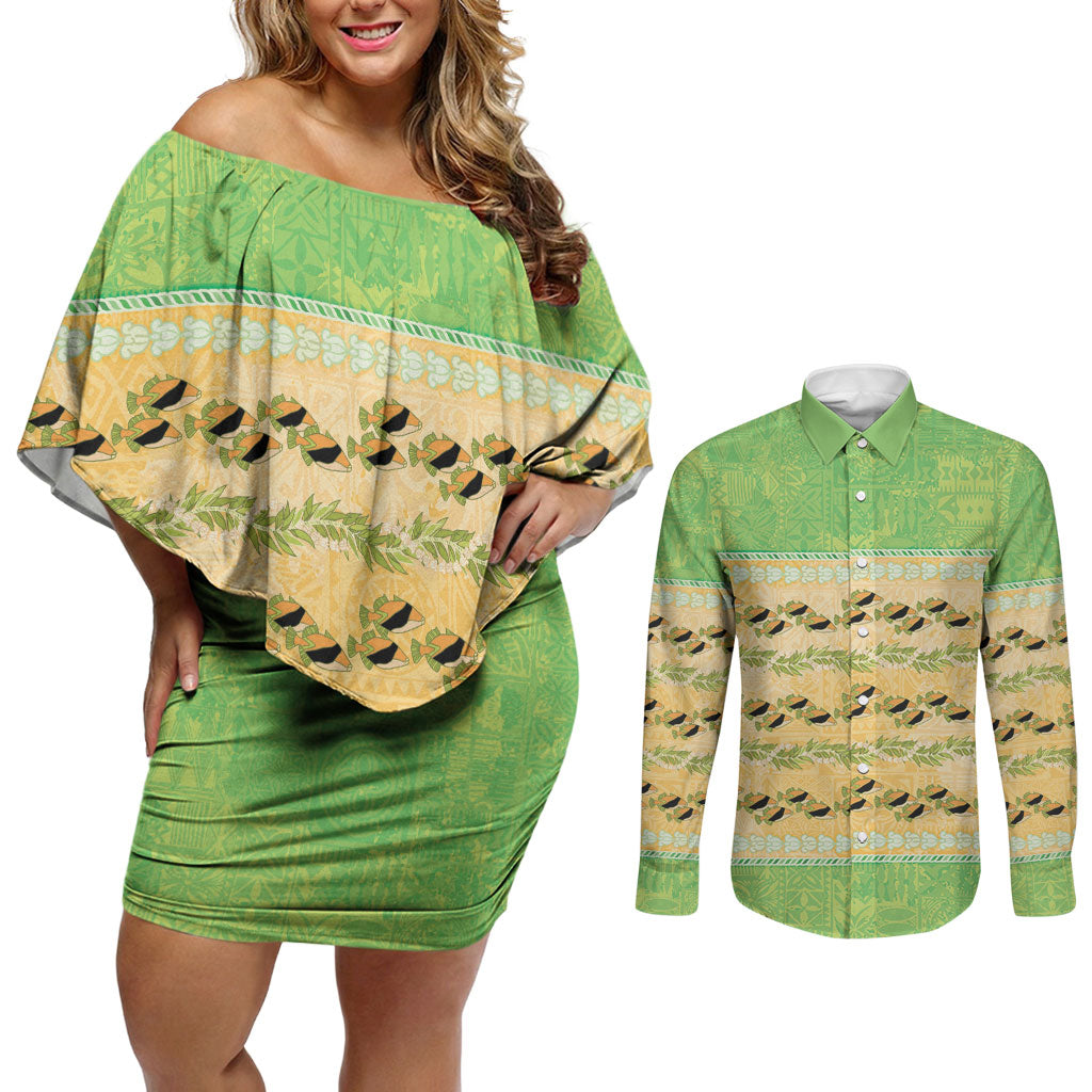 Hawaii Humuhumu Fish Maile Pikake Lei Couples Matching Off Shoulder Short Dress and Long Sleeve Button Shirt Tribal Tapa Green Version