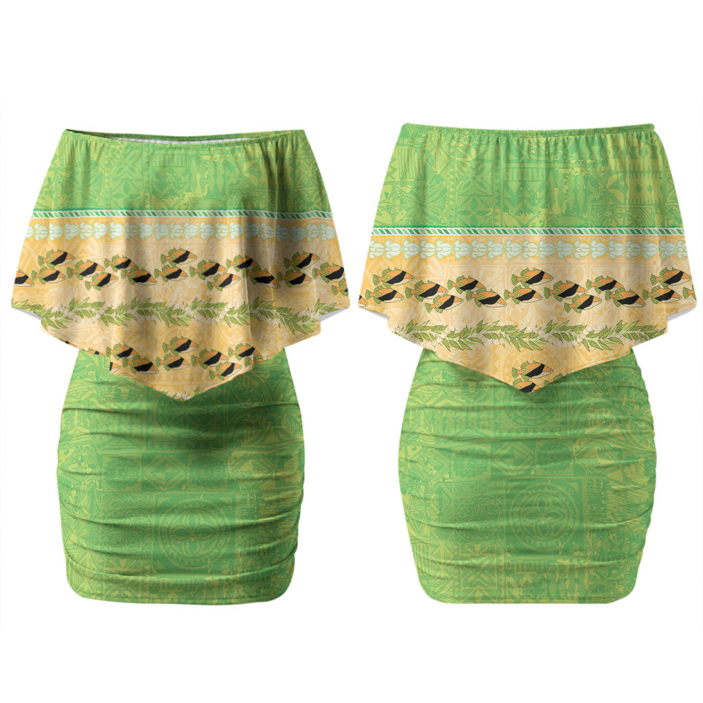 Hawaii Humuhumu Fish Maile Pikake Lei Couples Matching Off Shoulder Short Dress and Long Sleeve Button Shirt Tribal Tapa Green Version