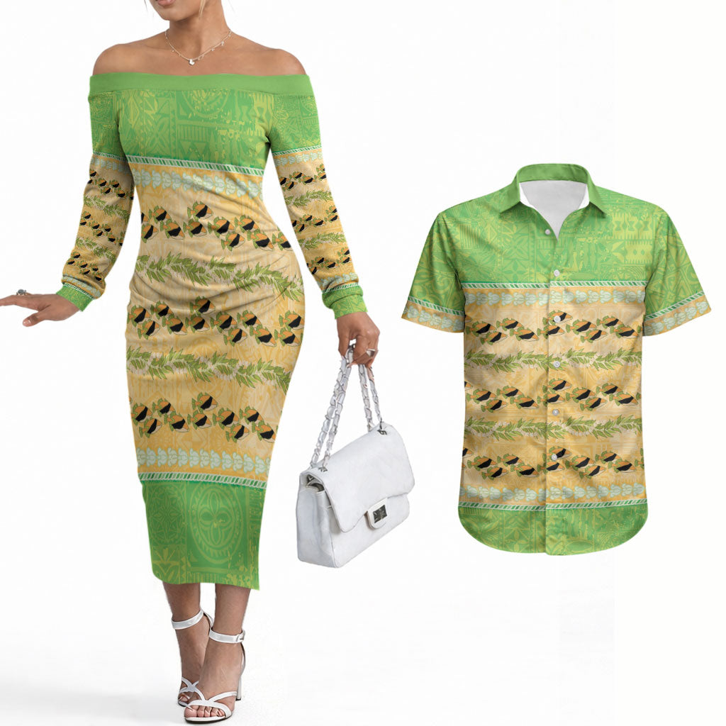 Hawaii Humuhumu Fish Maile Pikake Lei Couples Matching Off The Shoulder Long Sleeve Dress and Hawaiian Shirt Tribal Tapa Green Version