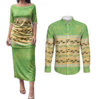 Hawaii Humuhumu Fish Maile Pikake Lei Couples Matching Puletasi and Long Sleeve Button Shirt Tribal Tapa Green Version